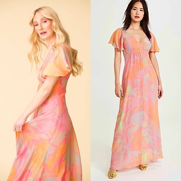 VEDA Bright Floral Short Flutter Sleeve V-Neck Ruched Empire Waist Maxi Dress XS - Picture 2 of 16